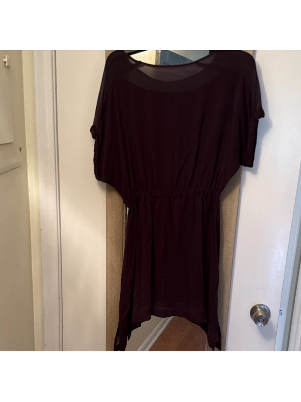 Express Plum Sheer-Yoke Cinched-Waist Dress